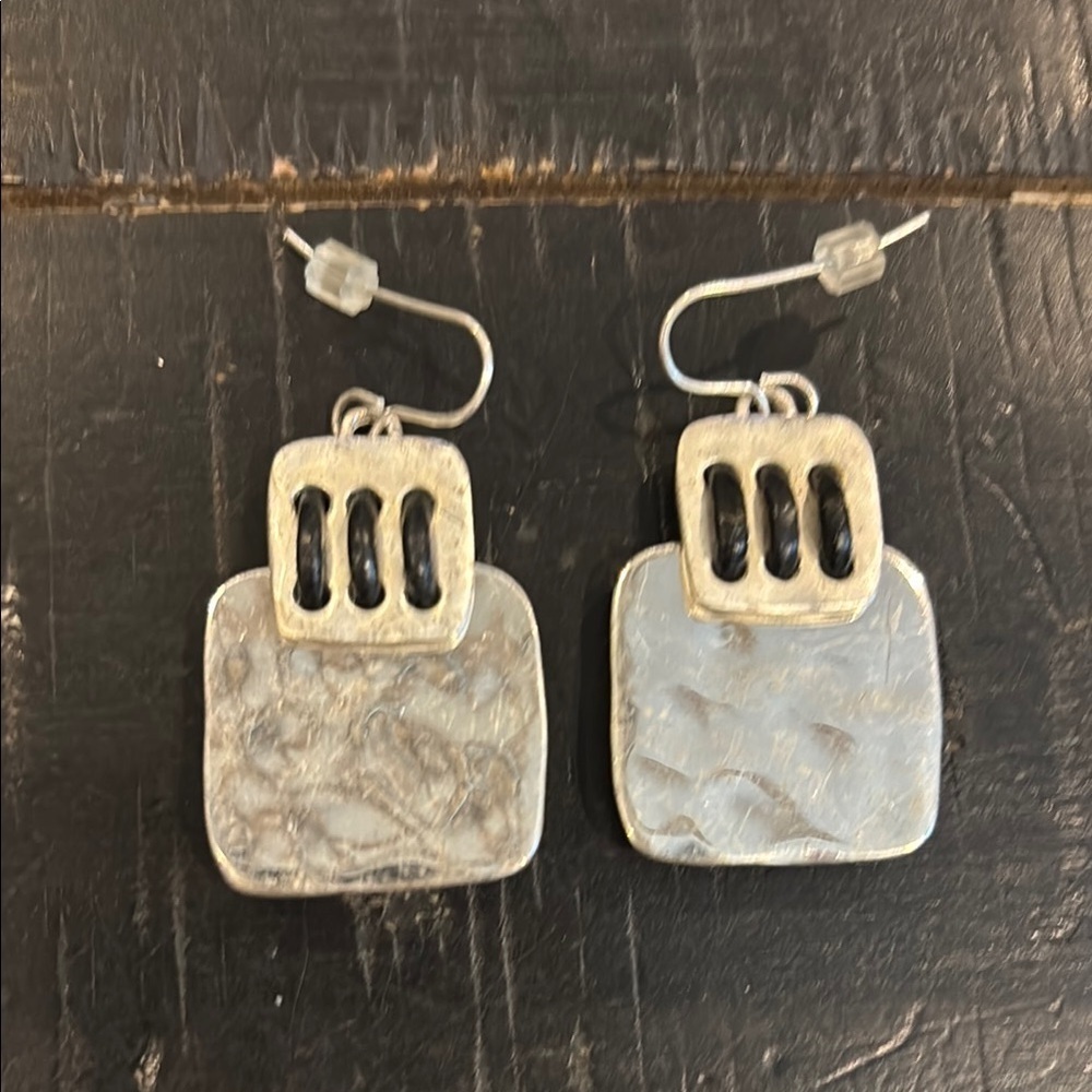 Silver Tone Hammered Square Dangle Earrings